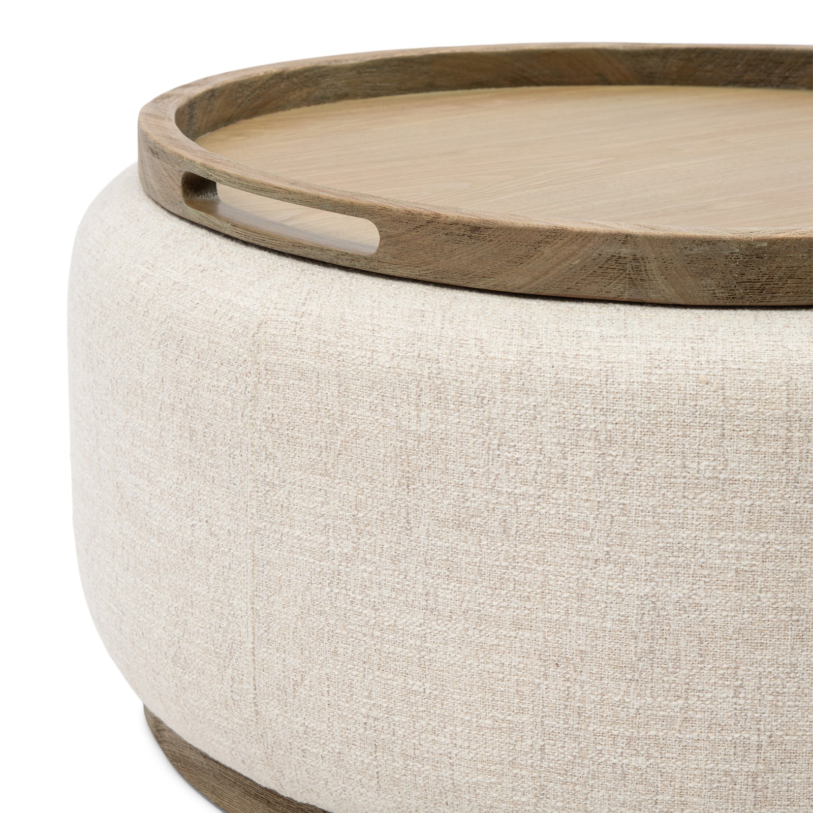 Handgriff des Ulmenholz-Tabletts und Seitenansicht des multifunktionalen Couchtisch Hockers.