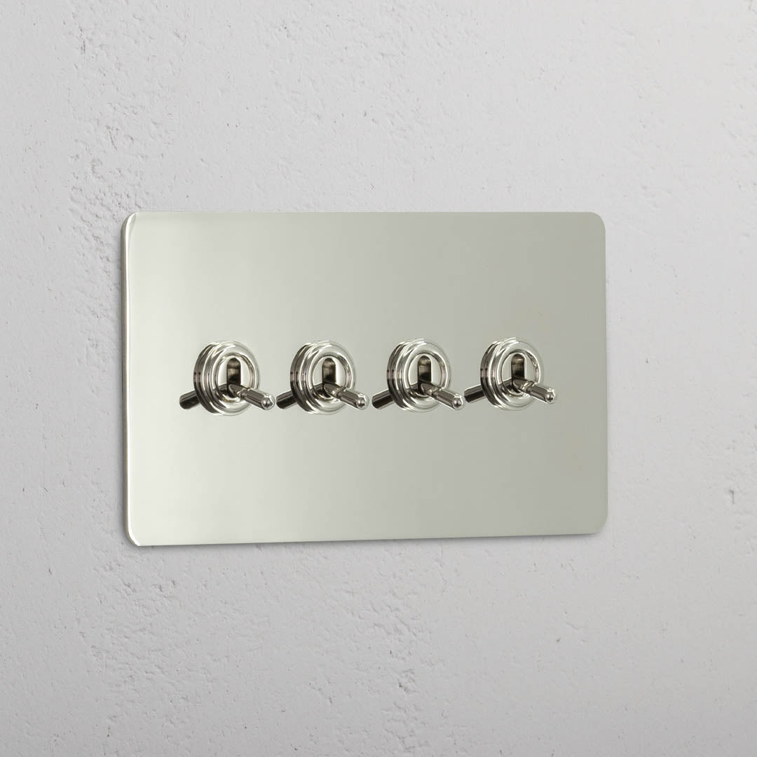 Corston-Kipphebelschalter 4x in Zweifachrahmen – Poliertes Nickel