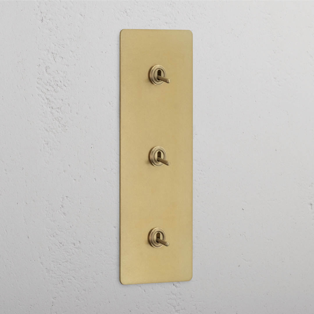 Corston-Kipphebelschalter 3x in vertikalem Dreifachrahmen – Antikes Messing