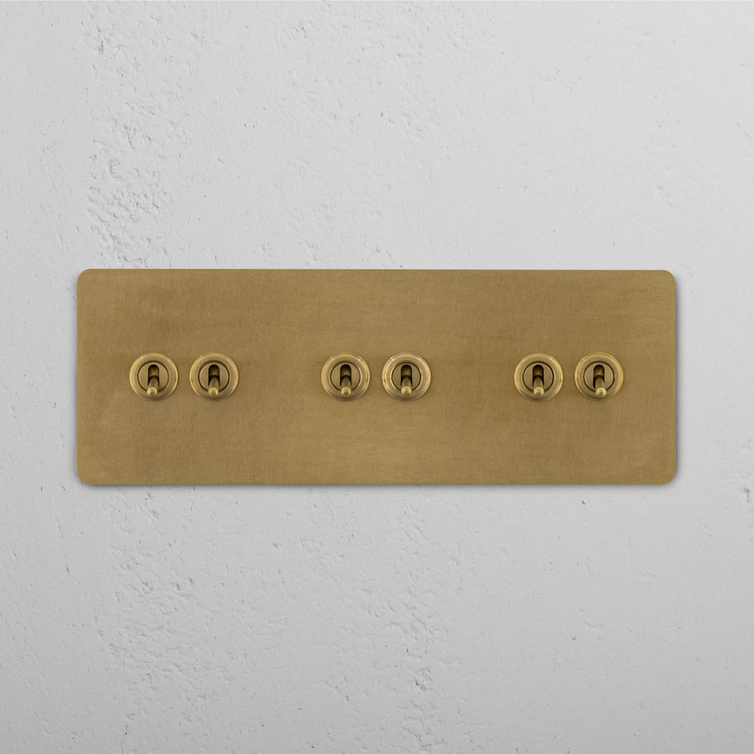 Corston-Kipphebelschalter 6x in Dreifachrahmen – Antikes Messing