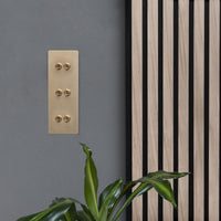 Corston-Kipphebelschalter 6x in vertikalem Dreifachrahmen – Antikes Messing