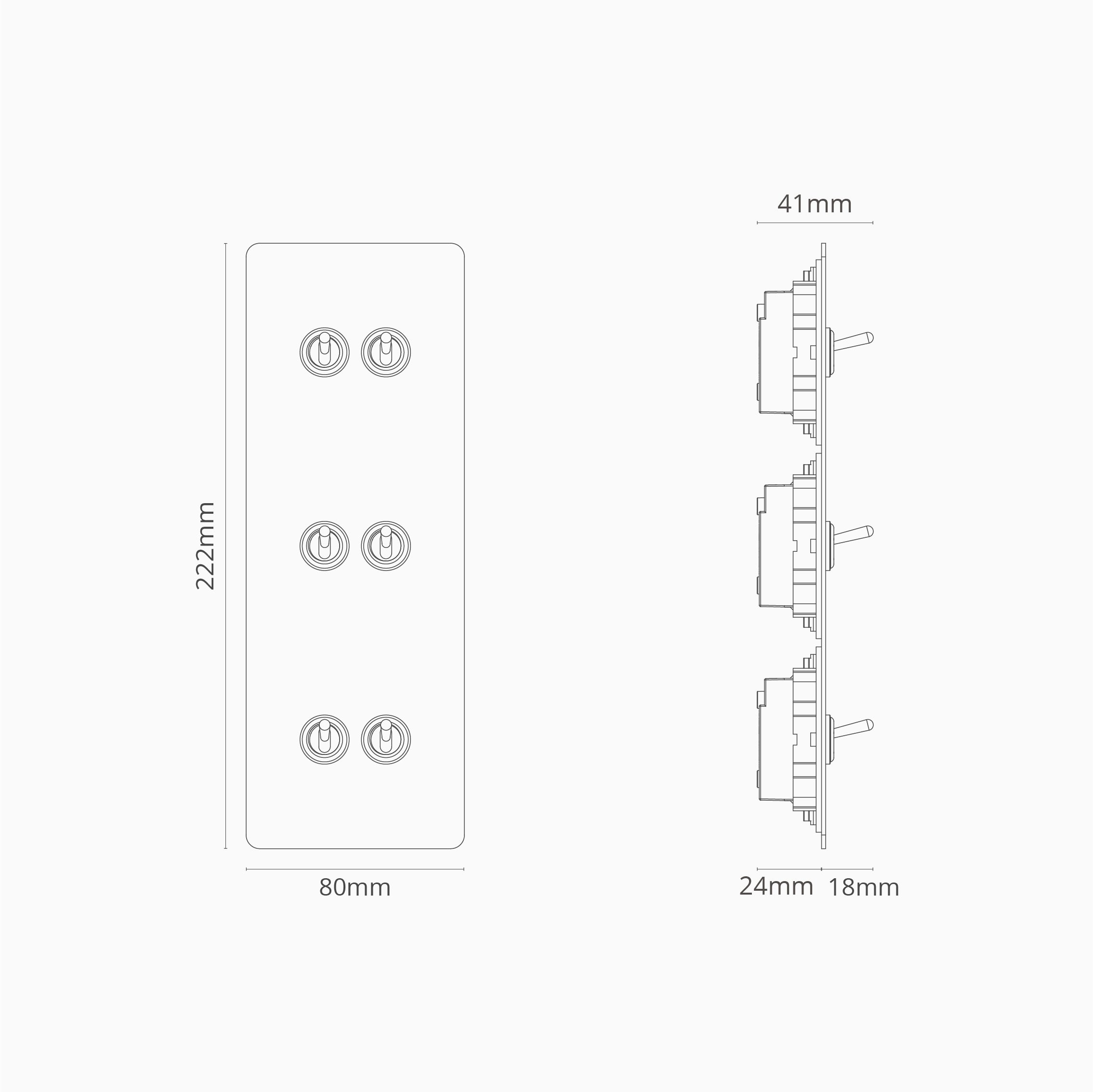 Corston-Kipphebelschalter 6x in vertikalem Dreifachrahmen – Antikes Messing