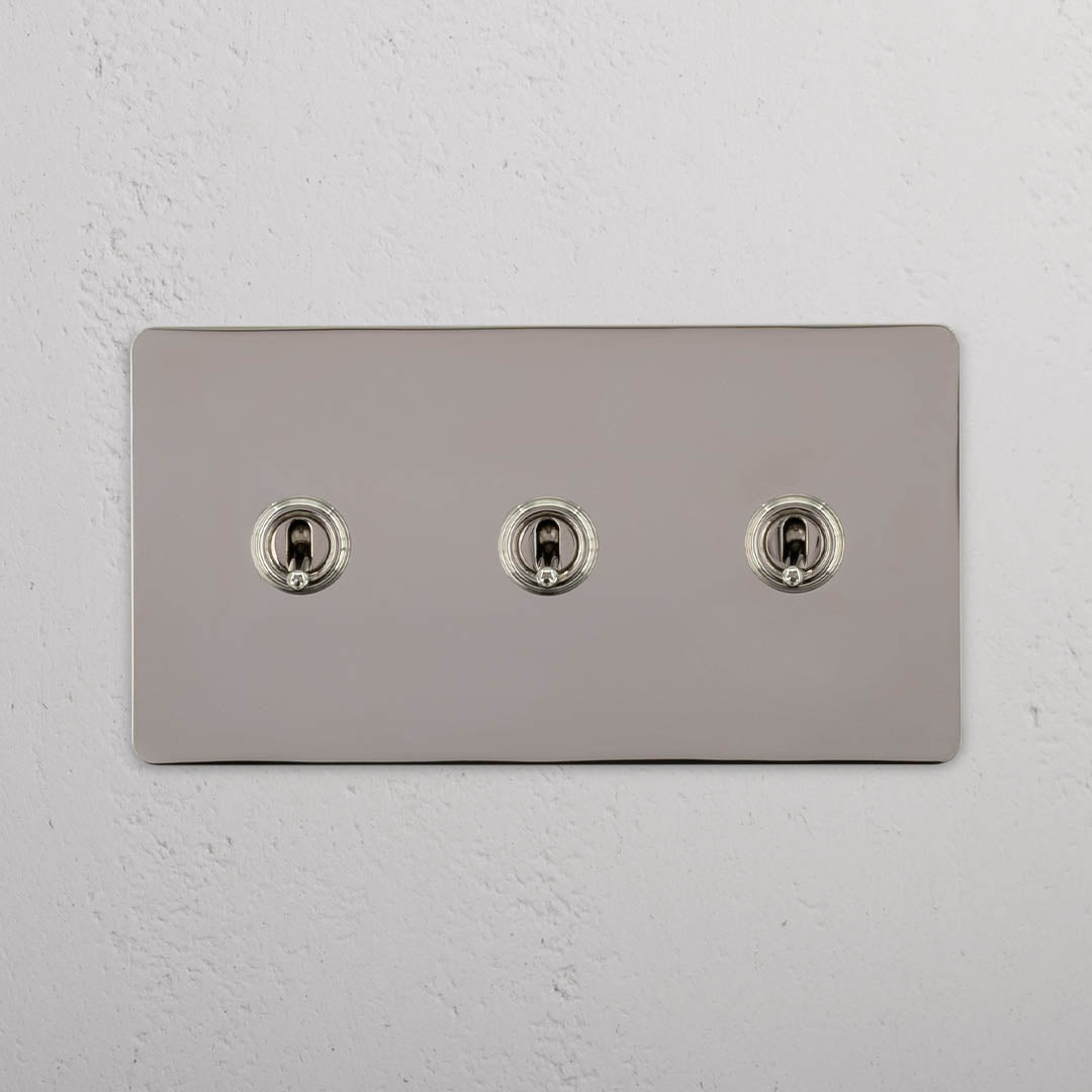 Corston-Kipphebelschalter 3x in Zweifachrahmen – Poliertes Nickel