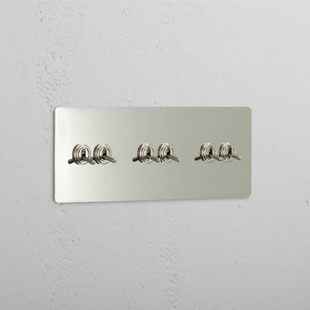 Corston-Kipphebelschalter 6x in Dreifachrahmen – Poliertes Nickel