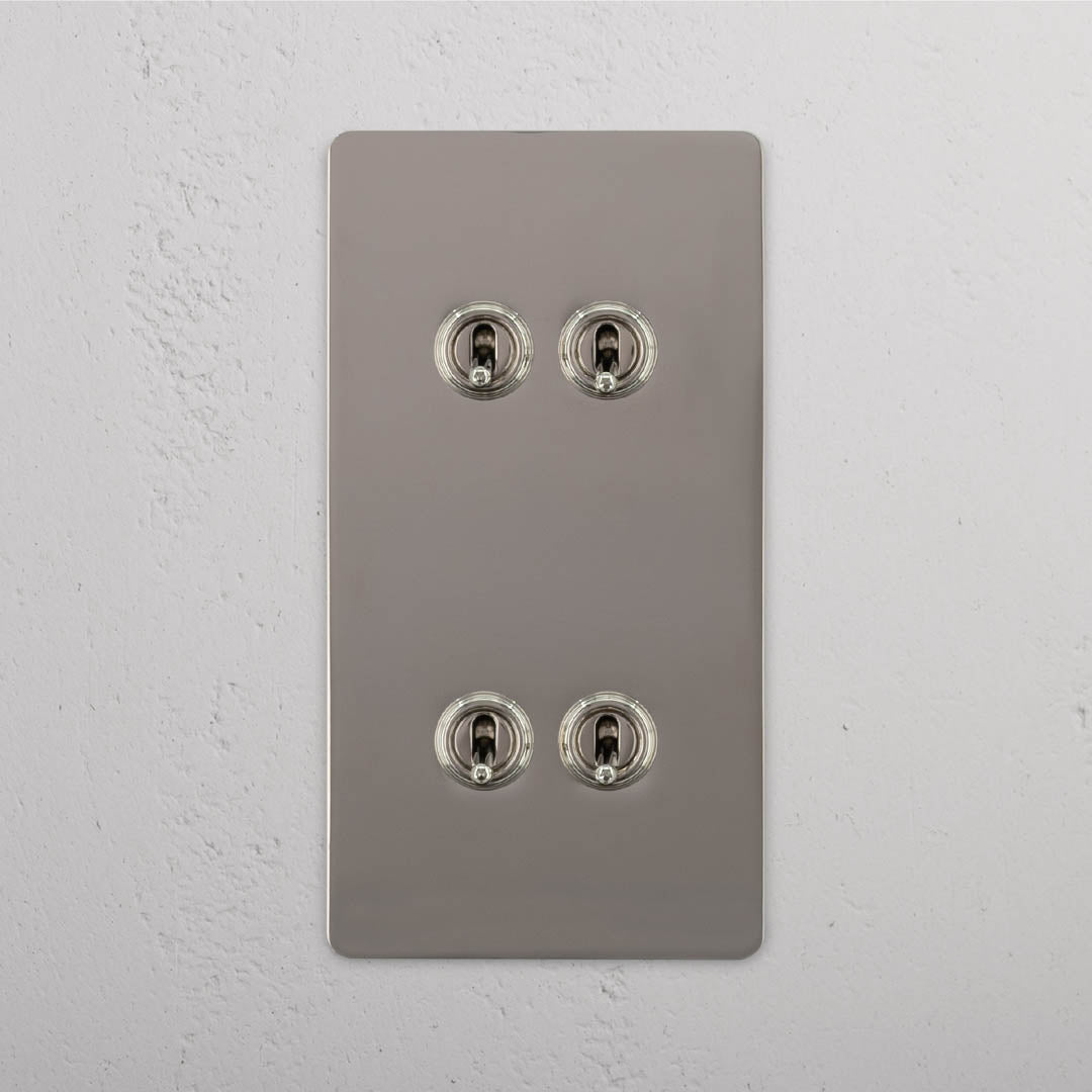 Corston-Kipphebelschalter 4x in vertikalem Zweifachrahmen – Poliertes Nickel