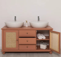 Großer Waschbeckenunterschrank aus Massivholz mit Rattan – Waschtisch für Aufsatzwaschbecken