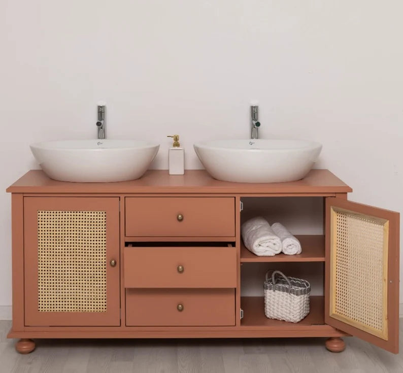 Großer Waschbeckenunterschrank aus Massivholz mit Rattan – Waschtisch für Aufsatzwaschbecken