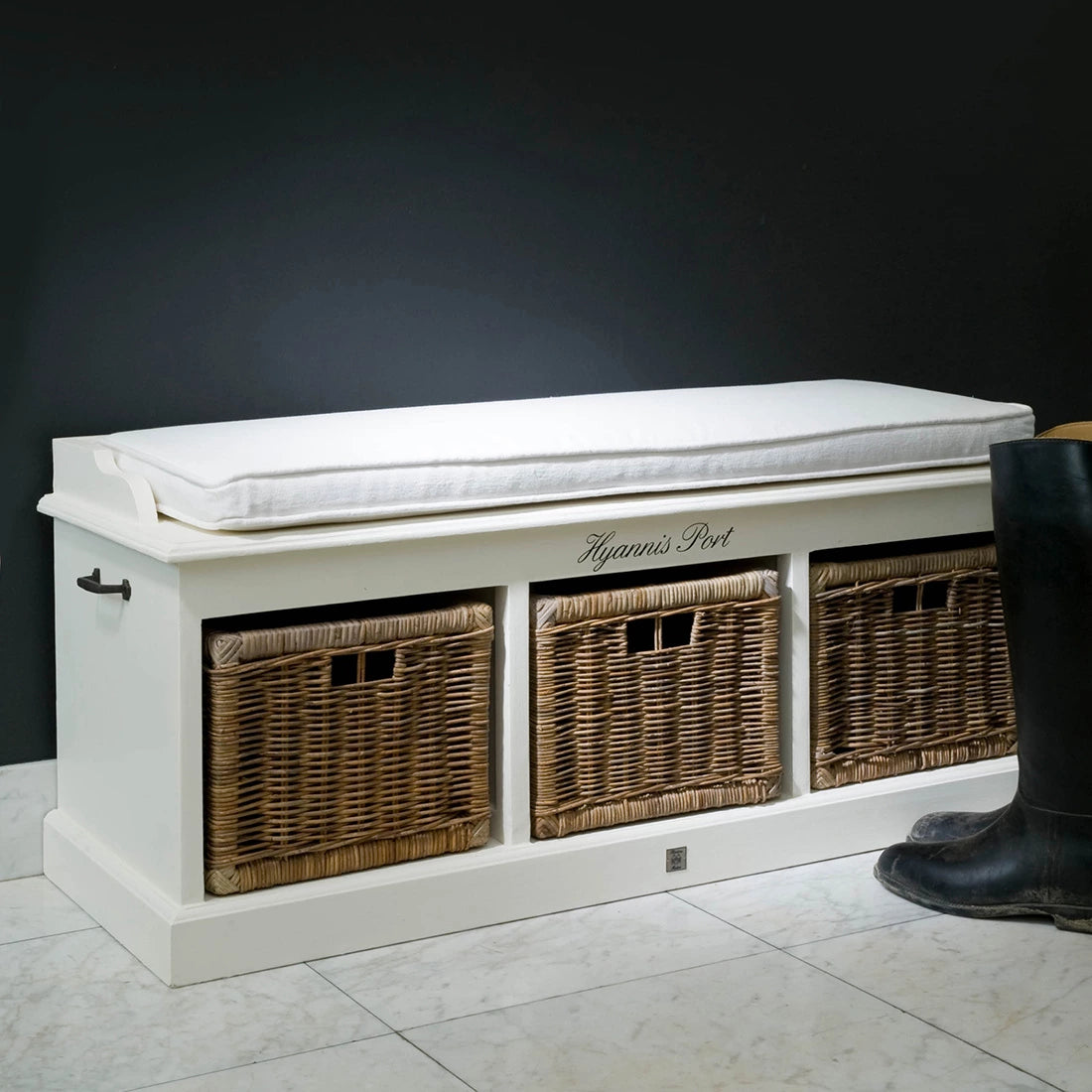 Bank mit Auflage & Rattan-Körben – Sitzbank mit Stauraum für Flur, Schlafzimmer & Kinderzimmer