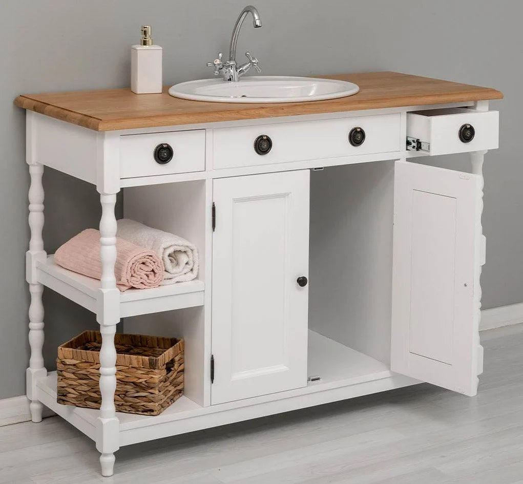 Breiter Waschbeckenschrank aus Massivholz – Waschtisch mit massiver Eichenplatte