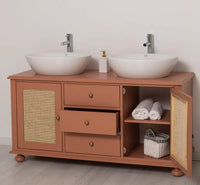 Großer Waschbeckenunterschrank aus Massivholz mit Rattan – Waschtisch für Aufsatzwaschbecken