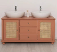 Großer Waschbeckenunterschrank aus Massivholz mit Rattan – Waschtisch für Aufsatzwaschbecken