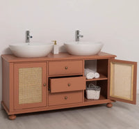 Großer Waschbeckenunterschrank aus Massivholz mit Rattan – Waschtisch für Aufsatzwaschbecken