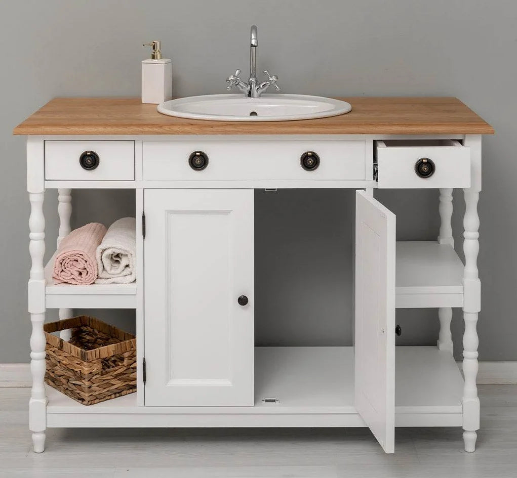 Breiter Waschbeckenschrank aus Massivholz – Waschtisch mit massiver Eichenplatte