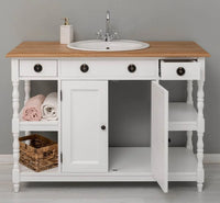 Breiter Waschbeckenschrank aus Massivholz – Waschtisch mit massiver Eichenplatte