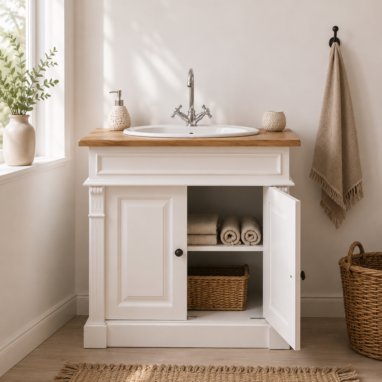 Waschbeckenunterschrank aus Massivholz mit Pinienplatte – Waschtisch aus Holz