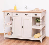 Breiter Waschbeckenschrank aus Massivholz – Waschtisch mit massiver Eichenplatte