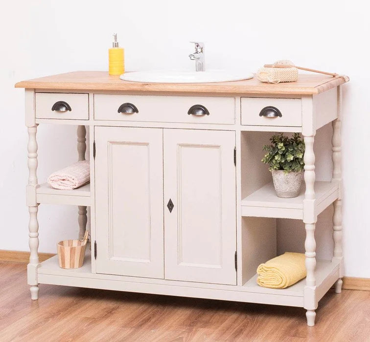 Breiter Waschbeckenschrank aus Massivholz – Waschtisch mit massiver Eichenplatte