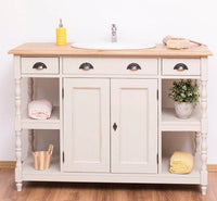 Breiter Waschbeckenschrank aus Massivholz – Waschtisch mit massiver Eichenplatte