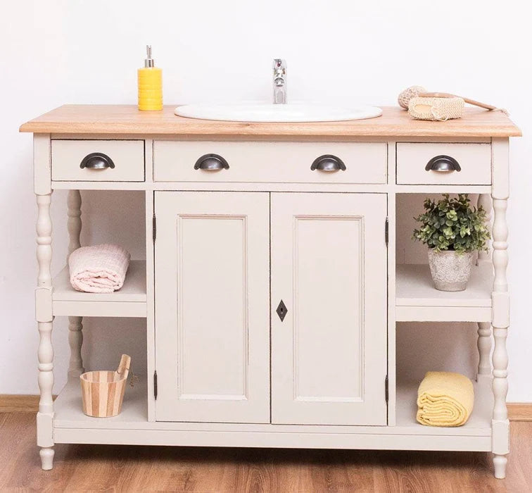 Breiter Waschbeckenschrank aus Massivholz – Waschtisch mit massiver Eichenplatte
