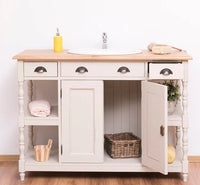 Breiter Waschbeckenschrank aus Massivholz – Waschtisch mit massiver Eichenplatte