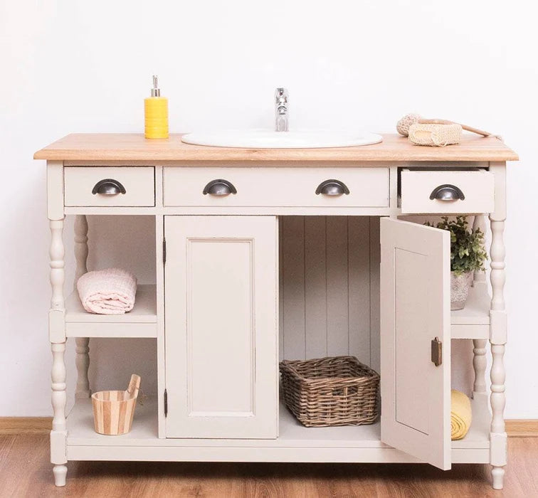 Breiter Waschbeckenschrank aus Massivholz – Waschtisch mit massiver Eichenplatte