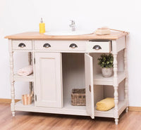 Breiter Waschbeckenschrank aus Massivholz – Waschtisch mit massiver Eichenplatte