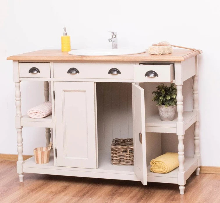 Breiter Waschbeckenschrank aus Massivholz – Waschtisch mit massiver Eichenplatte