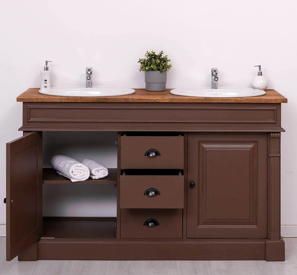 Doppelwaschtisch mit Unterschrank aus Massivholz – Doppel Waschbeckenunterschrank