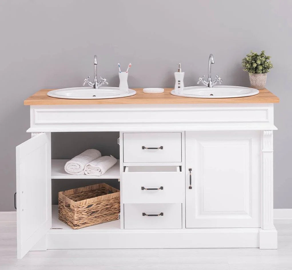 Doppelwaschtisch aus Massivholz mit Eichenplatte – Doppel Waschbeckenunterschrank