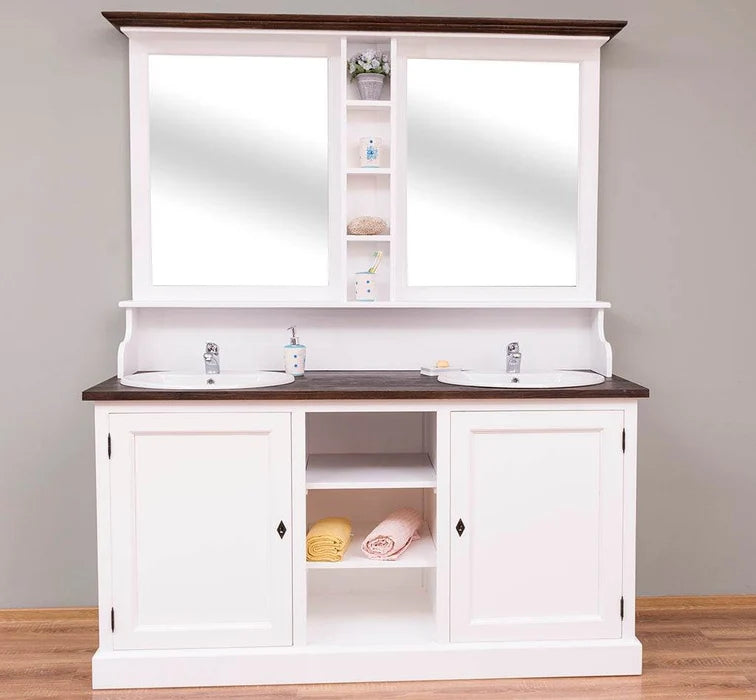 Waschbeckenschrank aus Massivholz mit Spiegel – 2-teiliges Badmöbel-Set
