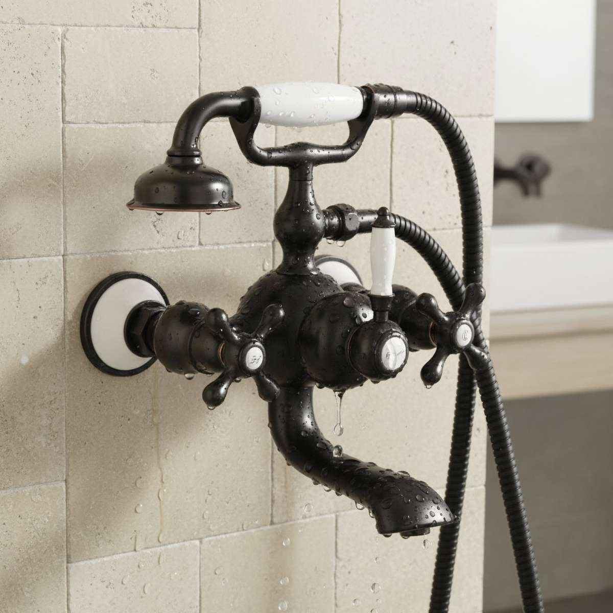 PaulGurkes Retro Wannenarmatur Schwarz – Zweigriffmischer mit Handbrause & 150 cm Schlauch
