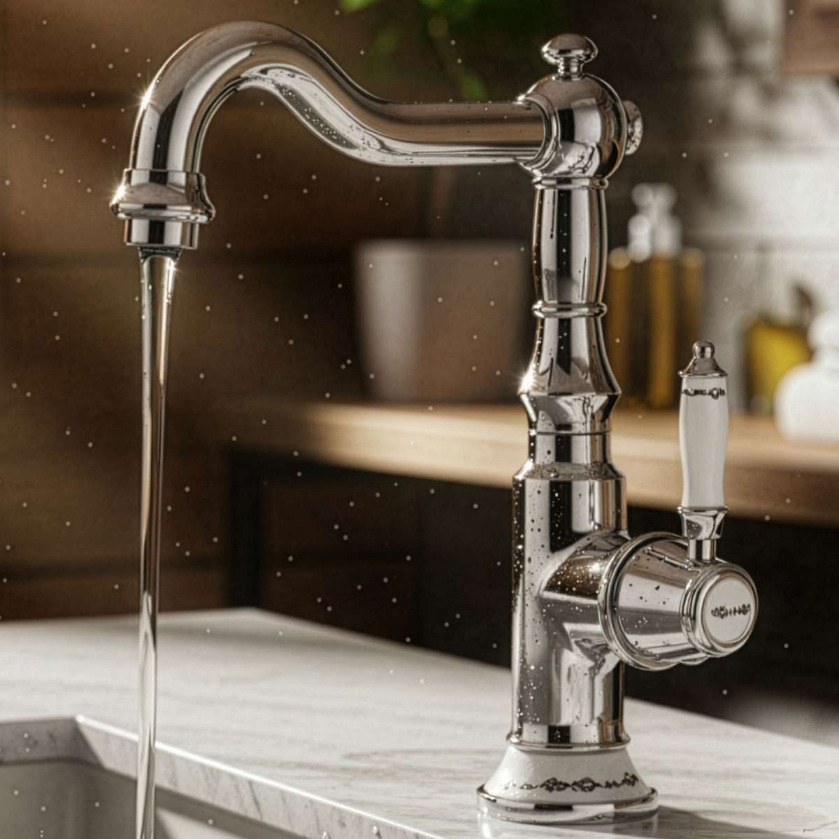 PaulGurkes Retro Küchenarmatur Keramik – Chromarmatur mit Porzellanbordüre, 360° drehbar