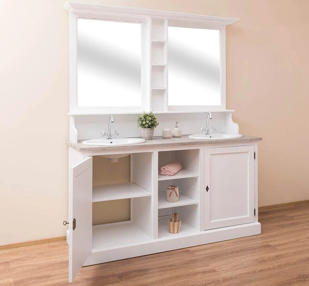 Waschbeckenschrank aus Massivholz mit Spiegel – 2-teiliges Badmöbel-Set