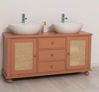 Großer Waschbeckenunterschrank aus Massivholz mit Rattan – Waschtisch für Aufsatzwaschbecken