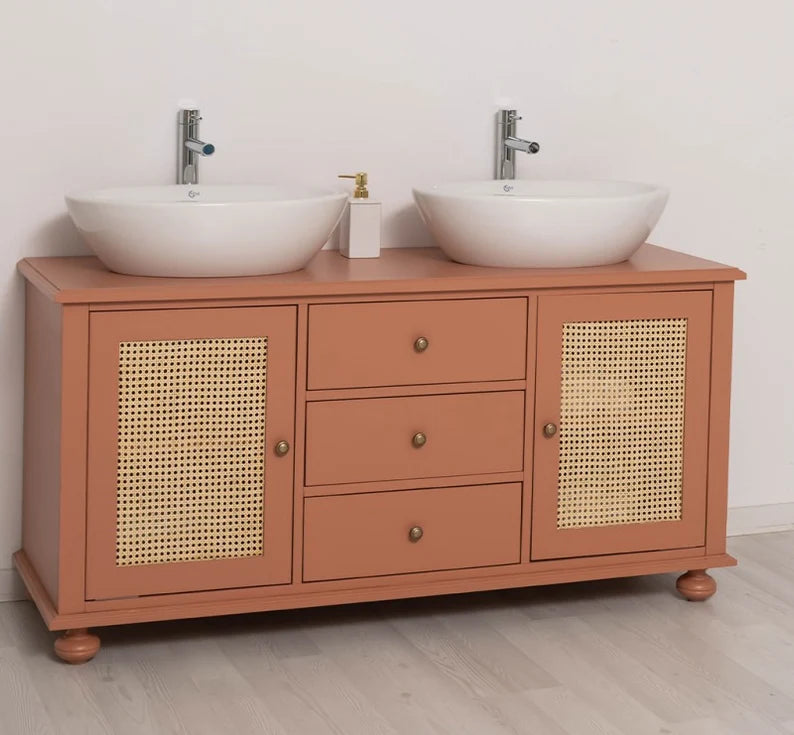 Großer Waschbeckenunterschrank aus Massivholz mit Rattan – Waschtisch für Aufsatzwaschbecken