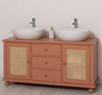 Großer Waschbeckenunterschrank aus Massivholz mit Rattan – Waschtisch für Aufsatzwaschbecken
