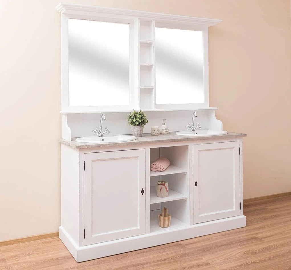 Waschbeckenschrank aus Massivholz mit Spiegel – 2-teiliges Badmöbel-Set