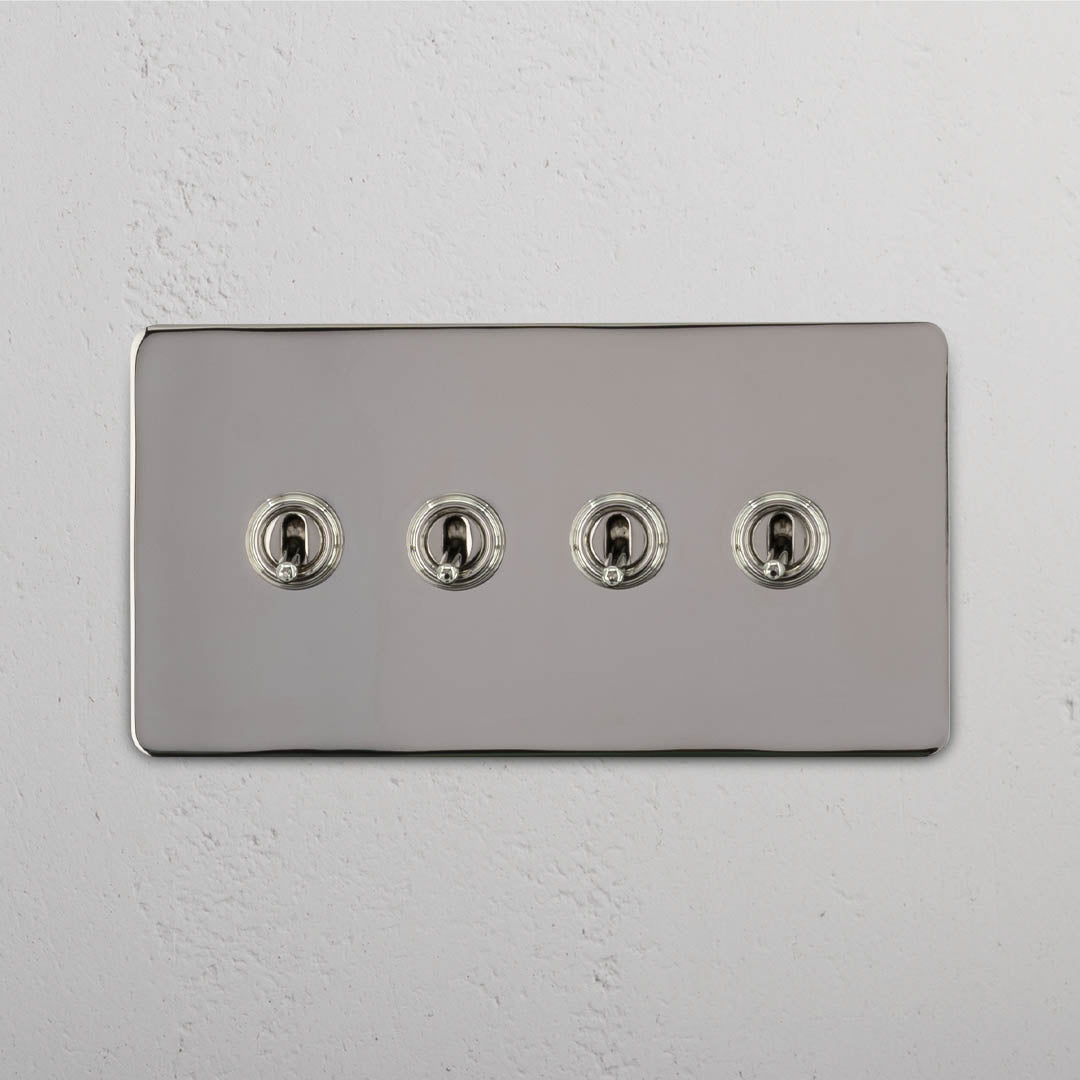 Corston-Kipphebelschalter 4x in Zweifachrahmen – Poliertes Nickel