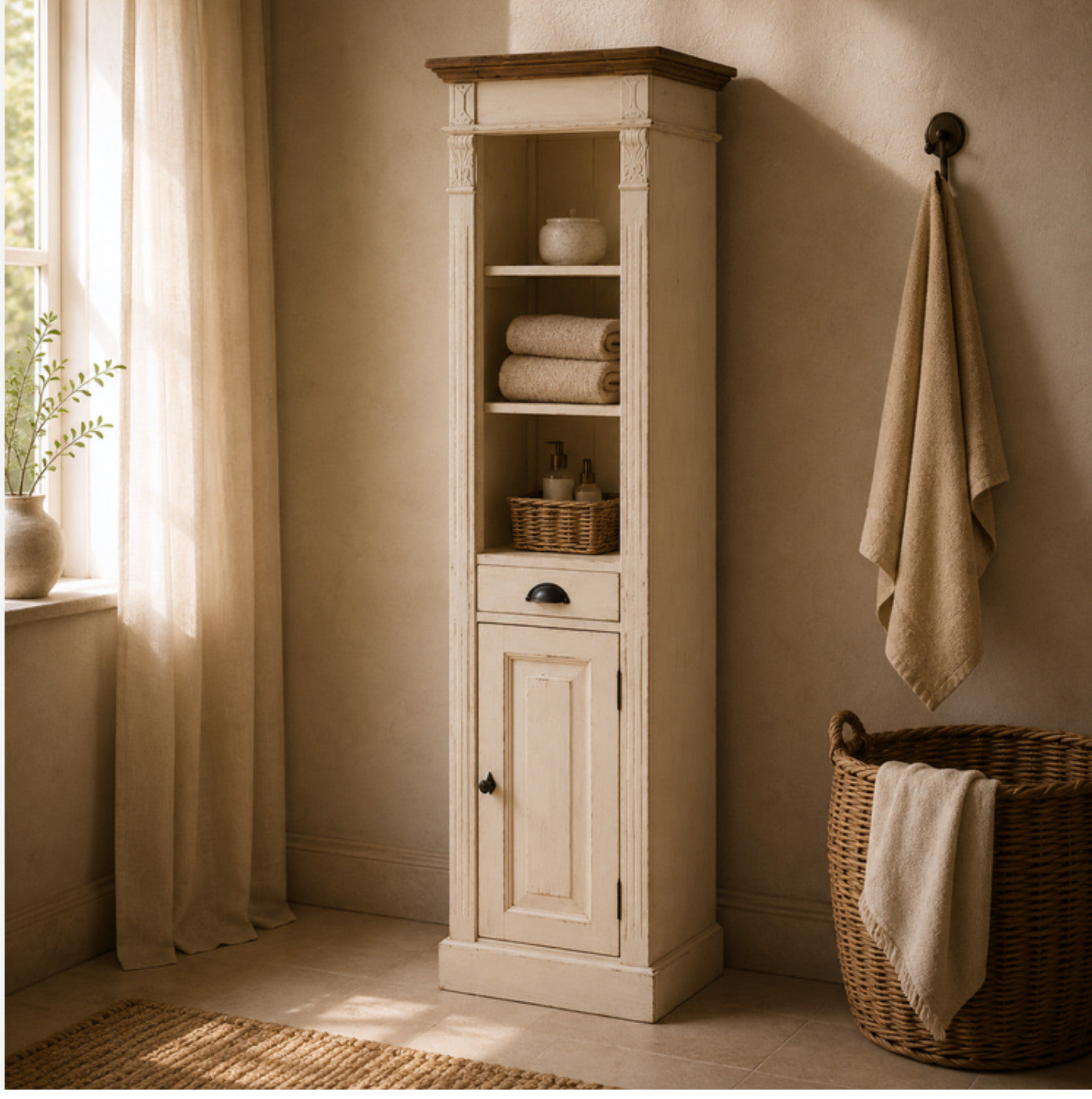 Tall handcrafted bathroom cabinet beside a window
