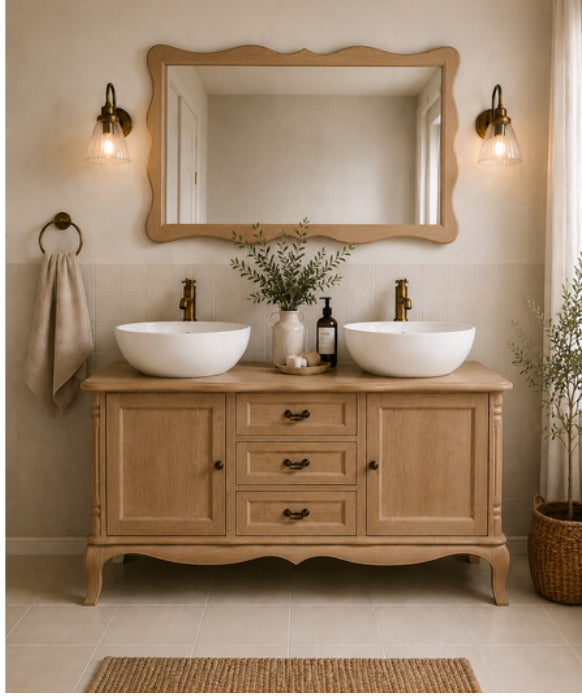 Warm oak custom bathroom vanity