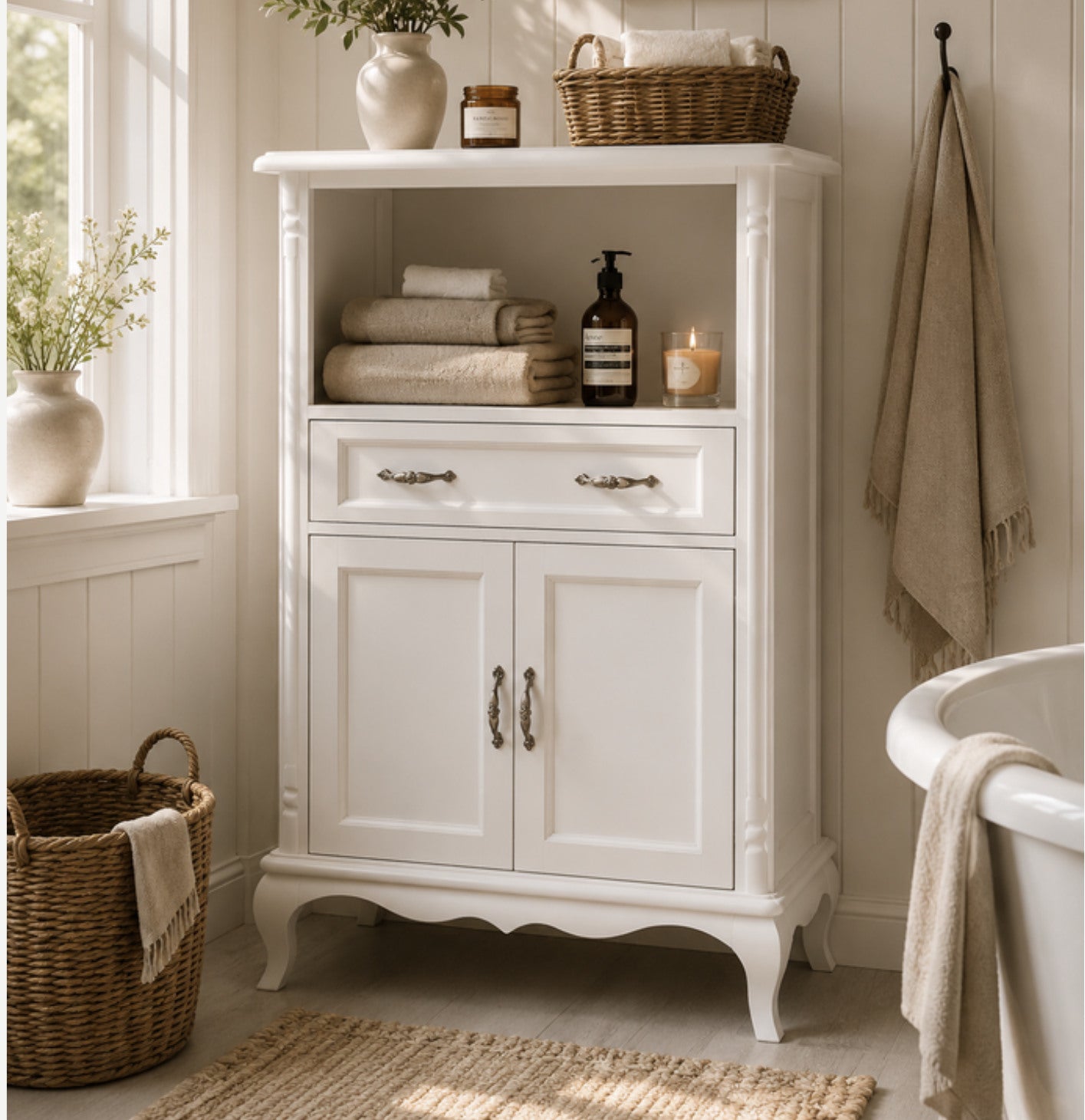 White handcrafted bathroom cabinet in a warm interior