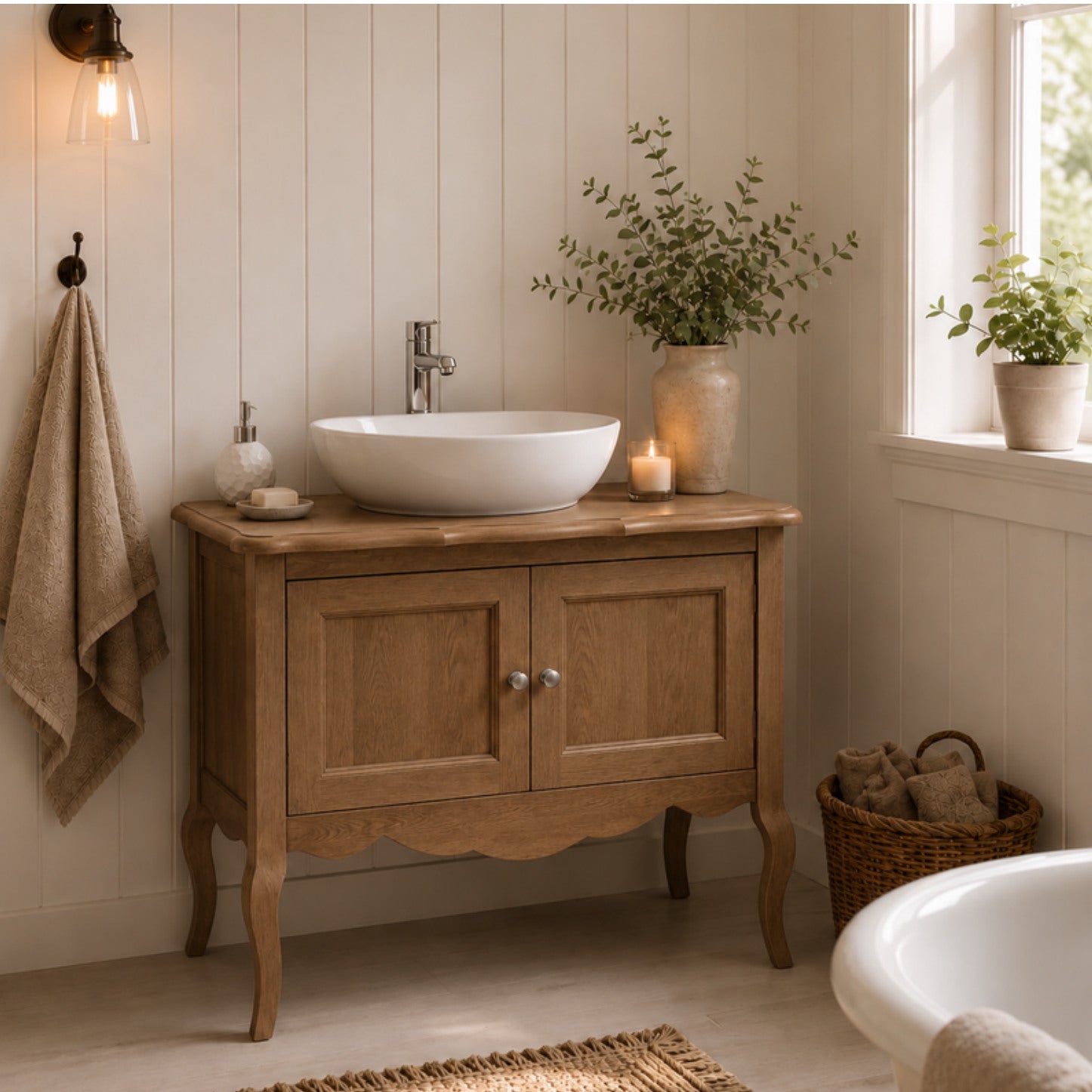 Solid wood bathroom vanity in a bright natural interior